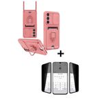 Hatreds Samsung Galaxy S21 FE Kılıf Askılı Lens Korumalı İpli Çok Fonksiyonlu Kapak+Hayalet Ekran Koruyucu, Pembe+Hayalet Ekran