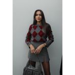 Havoş Bordo Gri Haley Baklava Desenli Kazak - Standart