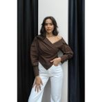 Havoş Kahverengi Asimetrik Kesim Ip Bağcıklı Gömlek Casual Stil Poliamid Viskoz Düz Desen