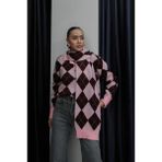 Havoş Pembe Şallı Baklava Desenli Polo Yaka Kazak - Standart