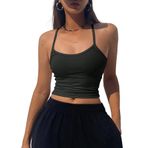 Havuz Yaka Askılı Siyah Renk Fitilli Crop Top Bluz (Siyah, M)