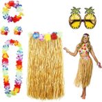 Hawaii Parti Kostüm Seti - 60 cm Hasır Etek, Çiçekli Aksesuarlar ve Ananas Gözlük - STANDART