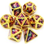 Haxtec Metal DND Zar Seti DND 5e Büyü Meteor Sürüsü Gerçek Sahne Altın Mor Mavi Çokyüzlü Zar W/PU Deri Ejderha Gözü Zar Çantası TTRPG D & D Dungeons ve Dragons DND Hediyeler