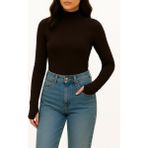 Hayalet Yumuşak Dokulu Pamuk Dokuma Uzun Kol Dik Yaka Parmak Geçmeli Body Modal T-Shirt - Kahverengi
