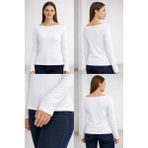 Hayalet Yumuşak Dokulu Pamuk Dokuma Uzun Kol Prenses Kayık Yaka Parmak Geçmeli Body Modal T-Shirt - Beyaz