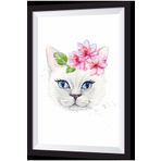 Hayat Poster Çiçekli Kedi Sanatsal Çerçeve Görünümlü Ahşap Tablo