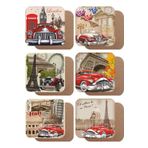 Hayat Poster Londra Paris Roma Klasik Arabalar 6lı Ahşap Bardak Altlığı Seti