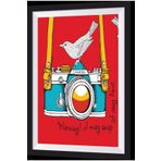 Hayat Poster Mavi Fotoğraf Makinesi Kuş Sanatsal Çerçeve Görünümlü Ahşap Tablo