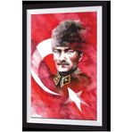 Hayat Poster Türk Bayrağıyla Atatürk Sanatsal Çerçeve Görünümlü Ahşap Tablo