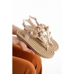 HAYAT SHOES Hasır Parmak Arası Deniz Kabuk İnci Detaylı Ten Rengi Kadın Sandalet