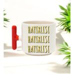 Hayırlısı Tasarımlı Kırmızı T Kulplu Seramik Baskılı Kupa Bardak 250 ml - Beyaz - Krem