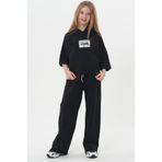 HayKids Kız Çocuk Siyah Yazılı Baskılı Kısa Kollu Kapüşonlu Sweatshirt ve Geniş Paça Eşofman Altı İkili Takı