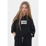 Haykids Kız Çocuk Siyah Yazılı Baskılı Kısa Kollu Kapüşonlu Sweatshirt ve Geniş Paça Eşofman Altı Ikili Takım - 9 Yaş