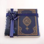 Hayrat Neşriyat Şal + Seccade + Tesbih + Kuran Hediye Seti (Hafız Boy, Ekonomik Cilt, Lacivert)