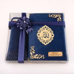 Hayrat Neşriyat Şal + Tesbih + Kuran Hediye Seti (Orta Boy, Kadife, Lafzatullah, Lacivert)