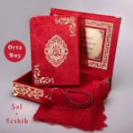 Hayrat Neşriyat Şal + Tesbih + Kuran Hediye Seti (Orta Boy, ŞemsLafzatullah, Gold Pleksi, Raşel Kutu, Kırmızı)