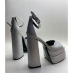 Hayy Shoes Gümüş Kum Simli Bilekten Bağlamalı Çift Platform Topuklu Sandalet - Gümüş - Sim