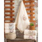 Hazangülü Collection Buldan Üretimi Çeyizlik Nakışlı Alya Kadife Krem 6’lı El/yüz Havlusu | 50X90 - 50 x 90 cm