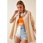 hazelin Kadın Bej Oversize Uzun Basic Gömlek HZL22W-BD139001