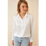 hazelin Kadın Beyaz Hafif Dökümlü Saten Yüzeyli Gömlek HZL22W-BD139641