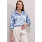 Hazelin Kadın Buz Mavisi Hafif Dökümlü Saten Yüzeyli Gömlek HZL22W-BD139641 - 34