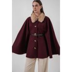 Hazelin Kadın Mürdüm Yakası Kürklü Düğmeli Kemerli Kaşe Panço HZL25W-BD191651 - Standart - Bordo
