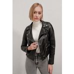 hazelin Kadın Siyah Kısa Suni Deri Astarlı Biker Ceket Hzl22w-bd110251