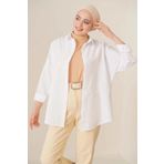 hazelin Kadın Tesettür Beyaz Geniş Kalıp Uzun Basic Gömlek HZL24W-BD139001