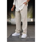 Hazhers Erkek Bej %100 Keten Relaxed Fit Beli Lastikli Bağcıklı Yazlık Pantolon