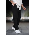 Hazhers Erkek Siyah %100 Keten Relaxed Fit Beli Lastikli Bağcıklı Yazlık Pantolon