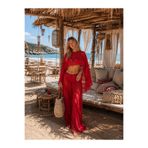 Hazzai TAKIM001 Kırmızı Şifon Kumaş Bluz Pantolon İkili Takım
