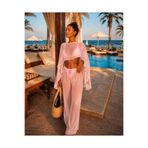 Hazzai TAKIM001 Pembe Şifon Kumaş Bluz Pantolon İkili Takım