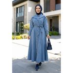 Hb Harma Time Butik Kadın Düğmeli Kuşaklı Kot Mavi Tesettür Elbise