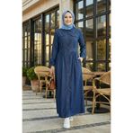 Hb Harma Time Butik Kadın Düğmeli Uzun Koyu Kot Mavi Tesettür Elbise