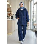 Hb Harma Time Butik Kadın Kapüşonlu, Düğmeli ve Cepli Koyu Kot Mavi Tunik Pantolon İkili Takım