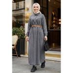 Hb Harma Time Butik Kadın Kemerli Düğmeli Gri Kot Tesettür Elbise