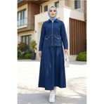 Hb Harma Time Butik Kadın Taş İşlemeli Kot Lacivert Ceket ve Beli Lastikli Kot Lacivert Etek İkili Takım