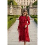 HÇ Hülya Çelik KİDSWEAR 2018 Bordo Dantel Kız Çocuk Elbisesi Uzun Kollu Midi Zarif Özel Gün