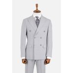 HC MEN CLASSIC Erkek Açık Gri Kırlangıç Yaka Çizgili Modern Fit Kruvaze Takım Elbise - 6 Drop - 56