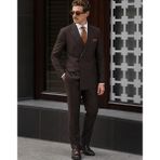 HC MEN CLASSIC Erkek Kahverengi Kruvaze Takım Elbise Comfort Fit Sivri Yaka Minimal Dokulu - 6 Drop - 48