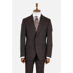 HC MEN CLASSIC Erkek Kahverengi Mono Yaka Çizgili Flanel Klasik Takım Elbise - 6 Drop - 46