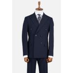 HC MEN CLASSIC Erkek Lacivert Kırlangıç Yaka Çizgili Modern Fit Kruvaze Takım Elbise - 6 Drop - 48