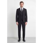 HC MEN CLASSIC Erkek Siyah Sivri Yaka Modern Fit Yelekli Takım Elbise - 6 Drop - 52