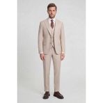 HC MEN CLASSIC Erkek Yelekli Takım Elbise Modern Fit Bej Düz - 6 Drop - 46