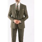 HC MEN CLASSIC Erkek Yelekli Takım Elbise Modern Fit Haki Düz - 6 Drop - 56