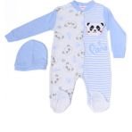 HÇM Erkek Bebek Tulum Şapkalı Panda Baskılı Çıtçıtlı D6 - 9 Ay - Mavi