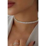 H&E Design Kadın Çift Sıra Zirkon Taşlı Rhinestone Choker Kolye Gümüş Maden Renkli Şık Tasarım - Silver