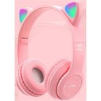 Heartz P47 Yeni Nesil Şık Tasarım LED Işıklı Kablosuz Bluetooth 5.0 Kedili Kulaklık - Pembe