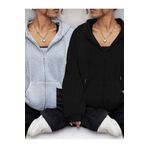 HEAVEN WEAR - Siyah Gri Oversize Kışlık Kalın Kapüşonlu 2'li Baskısız Fermuarlı Hırka Sweatshirt
