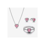 Hector&Co. Jewellery Gümüş Pembe Kalp Taşlı Kolye,Küpe,Yüzük Seti
